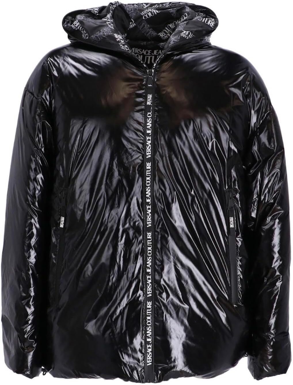 VERSACE JEANS COUTURE Schwarze Herrenjacke mit Kapuze. Zwei Taschen auf der Vorderseite mit Reißverschluss. Reißverschluss an der Vorderseite.